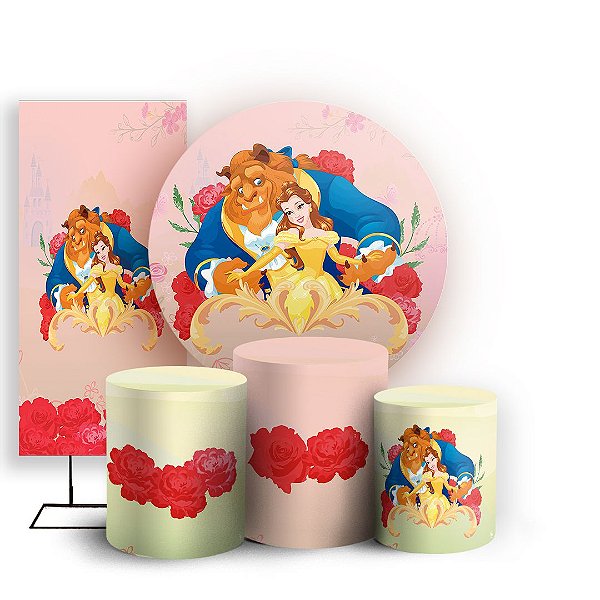 Capas Painel Redondo Trio Cilindro e Faixa Lateral Sublimado - Princesa Bela e a Fera