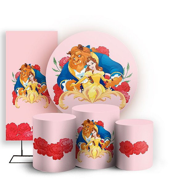 Capas Painel Redondo Trio Cilindro e Faixa Lateral Sublimado - Princesa Bela e a Fera