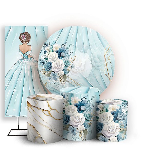 Capas Painel Redondo Trio Cilindro e Faixa Lateral Sublimado - 15 Anos Floral