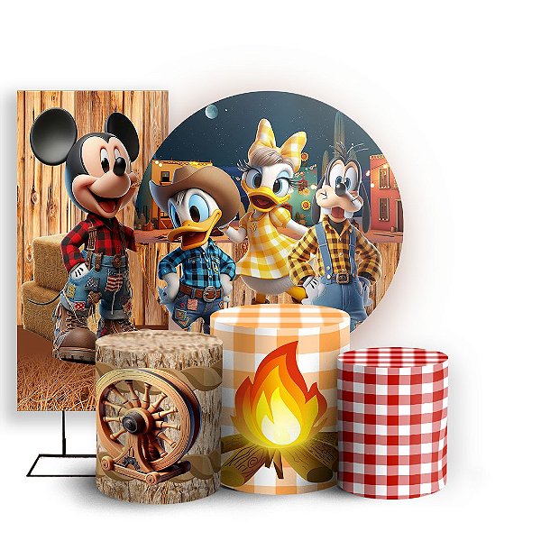 Capas Painel Redondo Trio Cilindro e Faixa Lateral Sublimado - Mickey Fazendinha