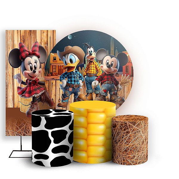 Capas Painel Redondo Trio Cilindro e Faixa Lateral Sublimado - Mickey Fazendinha