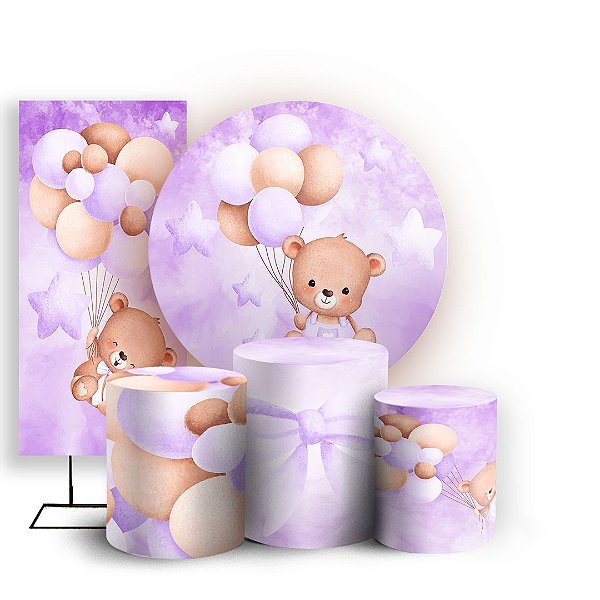 Capas Painel Redondo Trio Cilindro e Faixa Lateral Sublimado - Ursinha Lilas
