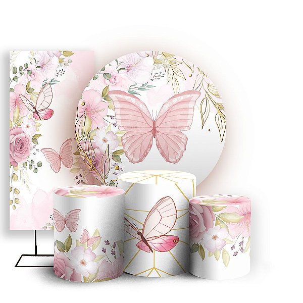 KIT Redondo Trio e Faixa - Borboleta Rosa - Sublimado 3D