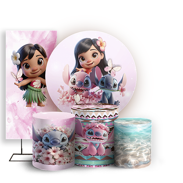 KIT Redondo Trio e Faixa - Stitch Rosa - Sublimado 3D