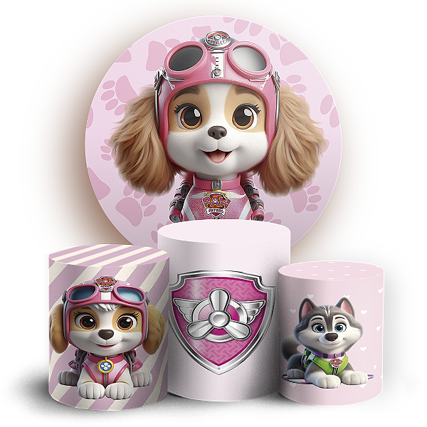KIT Redondo e Trio - Patrulha Canina Rosa - Sublimado 3D