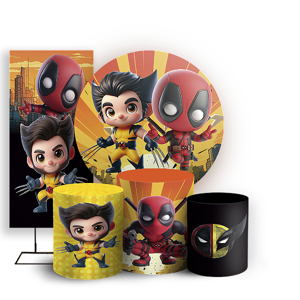 Capas Painel Redondo Trio Cilindro e Faixa Lateral Sublimado - Wolverine E Deadpool