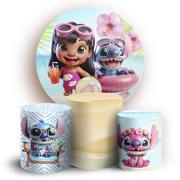 Capas Painel Redondo e Trio Cilindro Sublimado - Stitch Pool Party