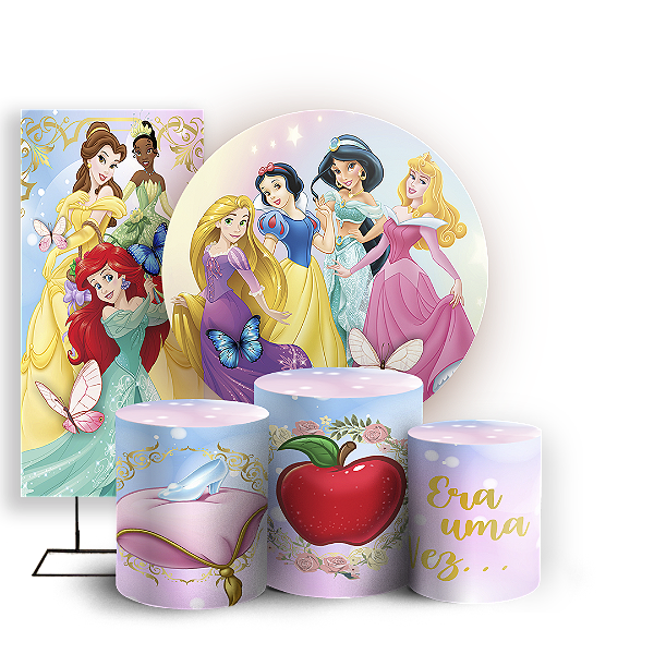 Capas Painel Redondo Trio Cilindro e Faixa Lateral Sublimado - Princesas