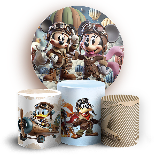 Capas Painel Redondo e Trio Cilindro Sublimado - Mickey Aviador