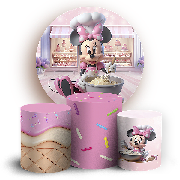 Capas Painel Redondo e Trio Cilindro Sublimado - Minnie Confeiteira