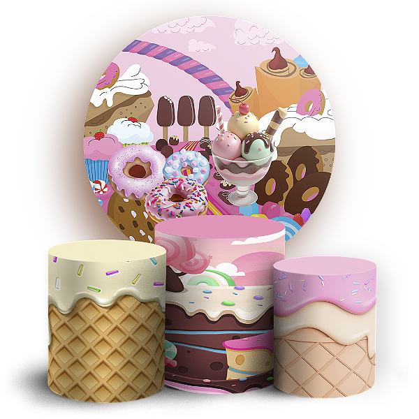 Capas Painel Redondo e Trio Cilindro Sublimado - Confeitaria