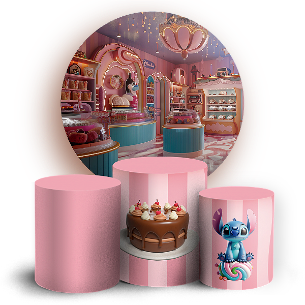 Capas Painel Redondo e Trio Cilindro Sublimado - Stitch Confeiteiro