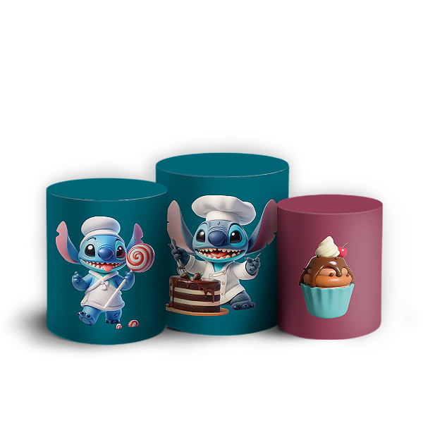 Capas Trio Cilindro Sublimado Vest Facil - Stitch Confeiteiro