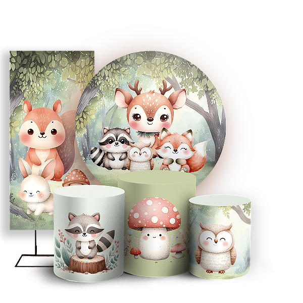 KIT Redondo Trio e Faixa - Animais Bosque Encantado  - Sublimado 3D