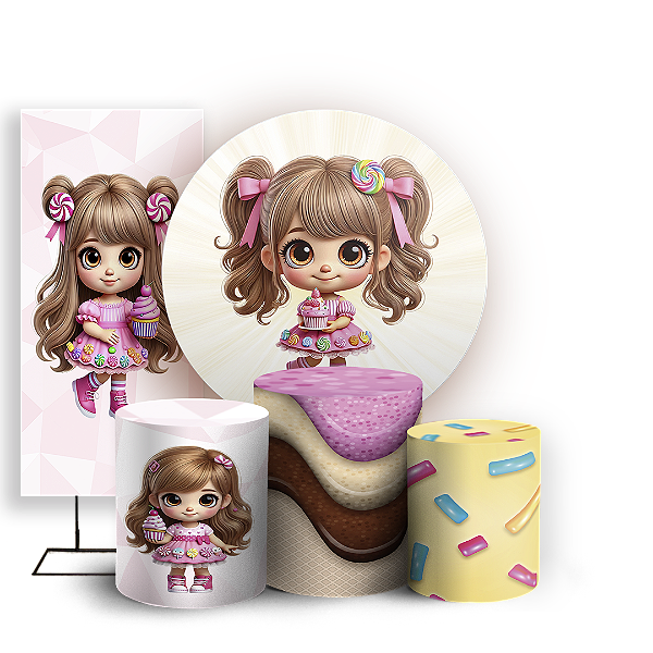 KIT Redondo Trio e Faixa - Menina Confeitaria Doces - Sublimado 3D
