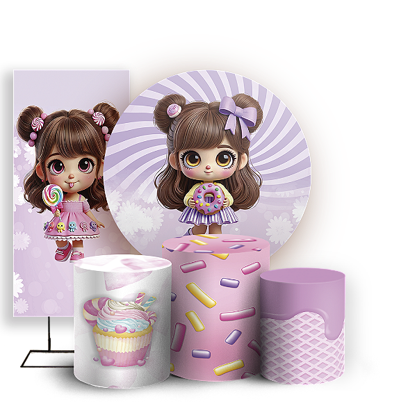 KIT Redondo Trio e Faixa - Menina Confeitaria Doces - Sublimado 3D