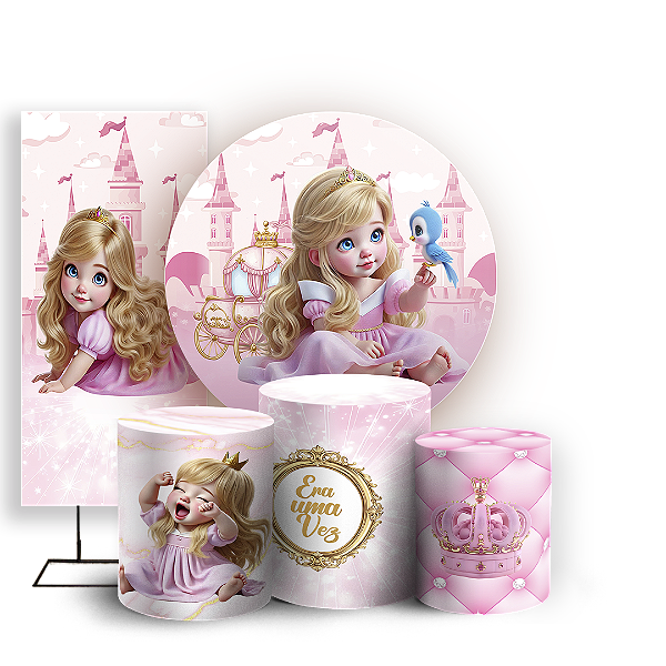 Capas Painel Redondo Trio Cilindro e Faixa Lateral Sublimado - Princesa Aurora Bela Adormecida
