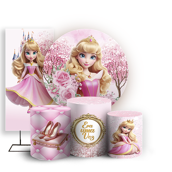 Capas Painel Redondo Trio Cilindro e Faixa Lateral Sublimado - Princesa Aurora Bela Adormecida