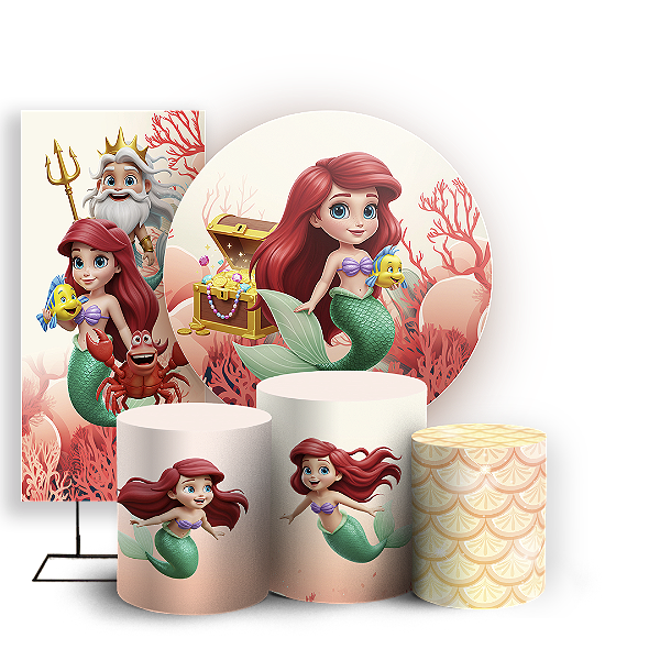 Capas Painel Redondo Trio Cilindro e Faixa Lateral Sublimado - Princesa Ariel Pequena Sereia