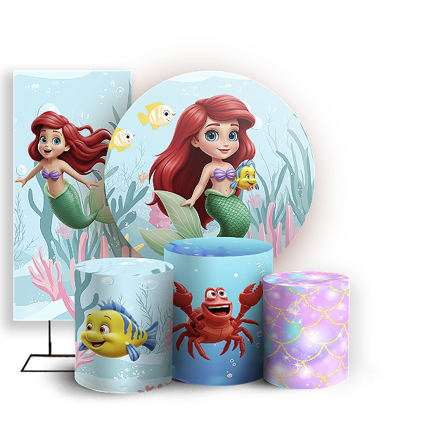 Capas Painel Redondo Trio Cilindro e Faixa Lateral Sublimado - Princesa Ariel Pequena Sereia