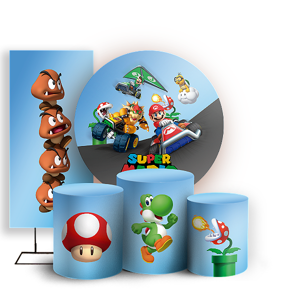 Capas Painel Redondo Trio Cilindro e Faixa Lateral Sublimado - Super Mario