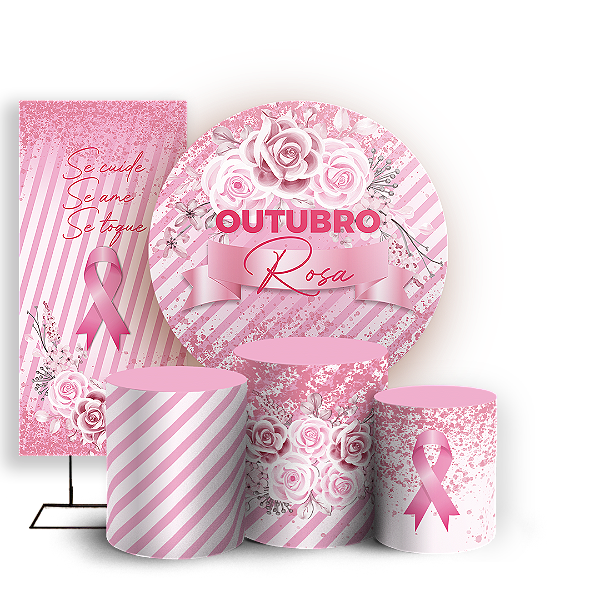 Capas Painel Redondo Trio Cilindro e Faixa Lateral Sublimado - Outubro Rosa