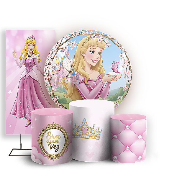 Capas Painel Redondo Trio Cilindro e Faixa Lateral Sublimado - Princesa Aurora Bela Adormecida