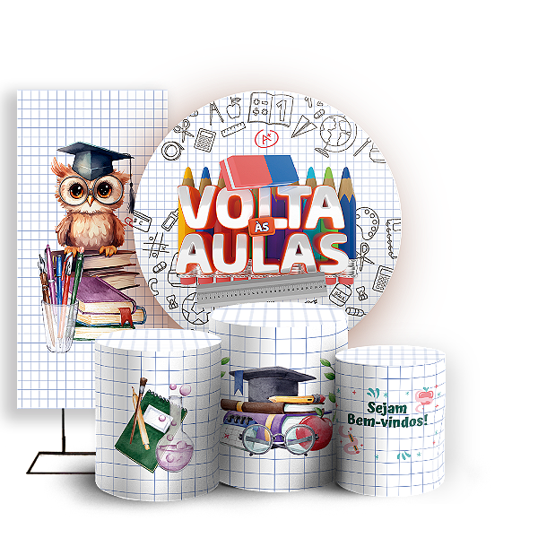 Capas Painel Redondo Trio Cilindro e Faixa Lateral Sublimado - Volta as Aulas