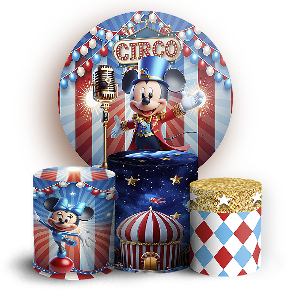 Capas Painel Redondo e Trio Cilindro Sublimado - Mickey E Minnie Circo