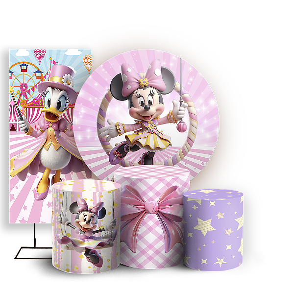 Capas Painel Redondo Trio Cilindro e Faixa Lateral Sublimado - Mickey E Minnie Circo