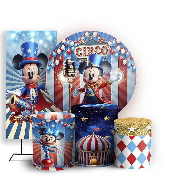 Capas Painel Redondo Trio Cilindro e Faixa Lateral Sublimado - Mickey E Minnie Circo
