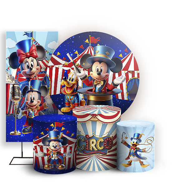 Capas Painel Redondo Trio Cilindro e Faixa Lateral Sublimado - Mickey E Minnie Circo