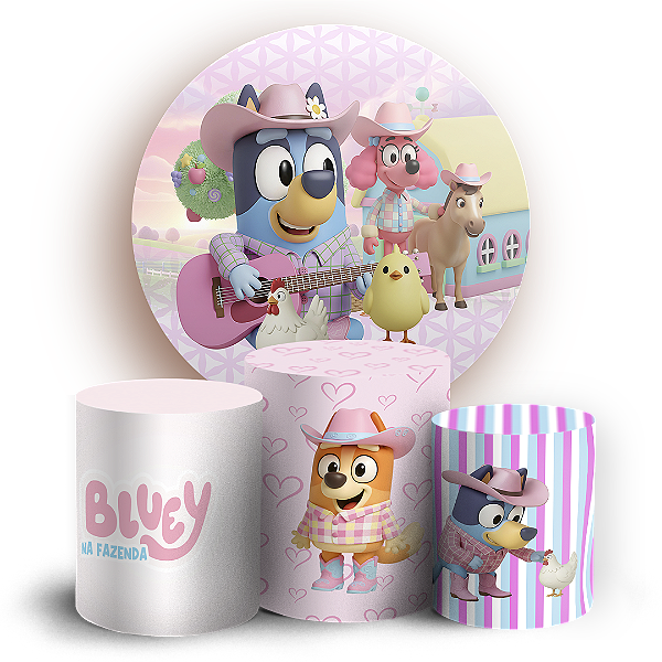 Capas Painel Redondo e Trio Cilindro Sublimado - Bluey Fazendinha