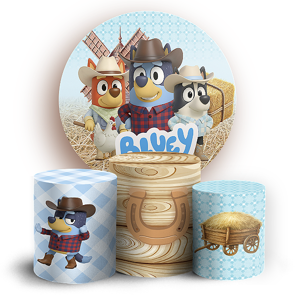 Capas Painel Redondo e Trio Cilindro Sublimado - Bluey Fazendinha