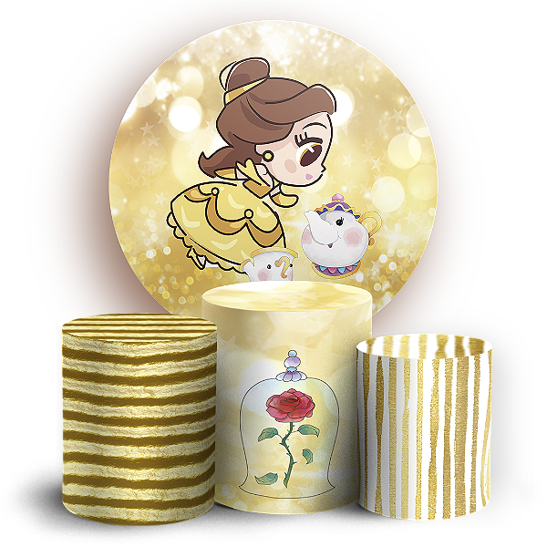 Capas Painel Redondo e Trio Cilindro Sublimado - Princesa Bela e a Fera