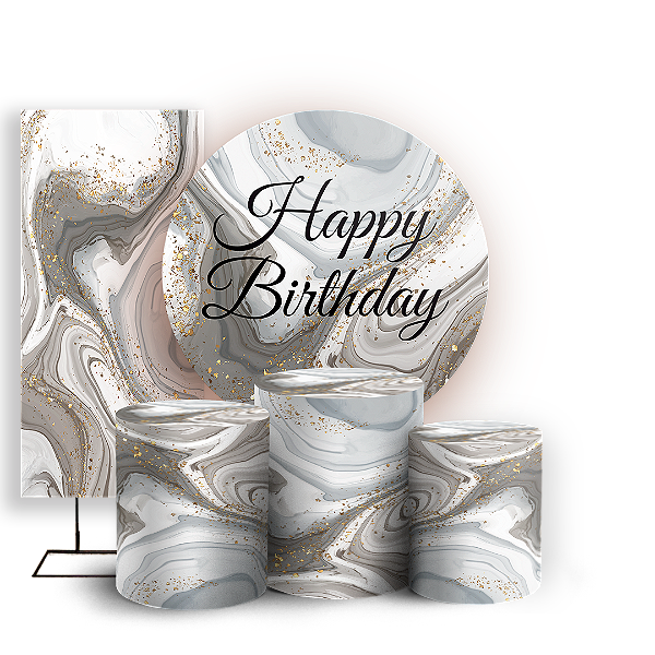 Capas Painel Redondo Trio Cilindro e Faixa Lateral Sublimado - Happy Birthday