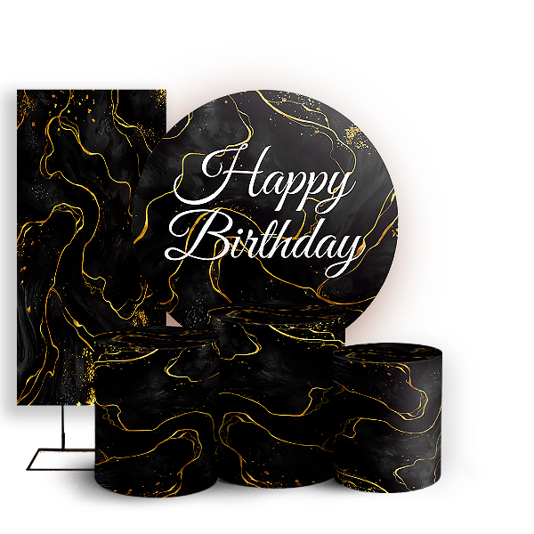 Capas Painel Redondo Trio Cilindro e Faixa Lateral Sublimado - Happy Birthday