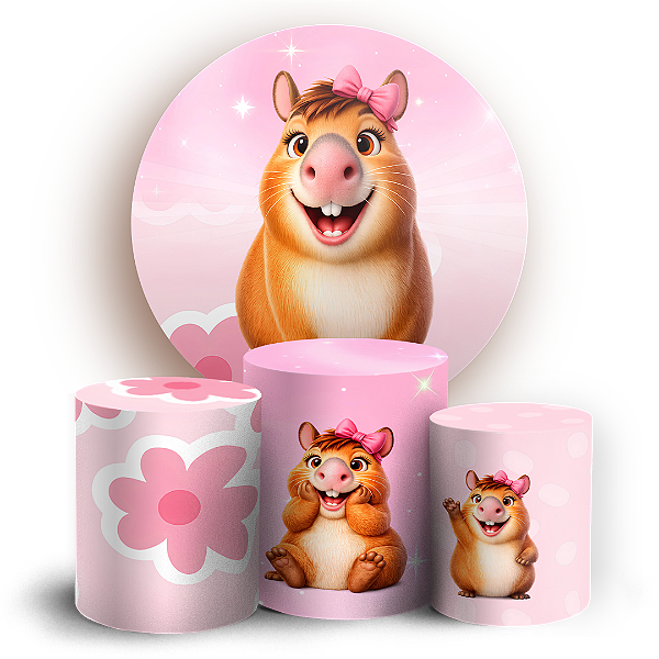 Capas Painel Redondo e Trio Cilindro Sublimado - Capivara Rosa