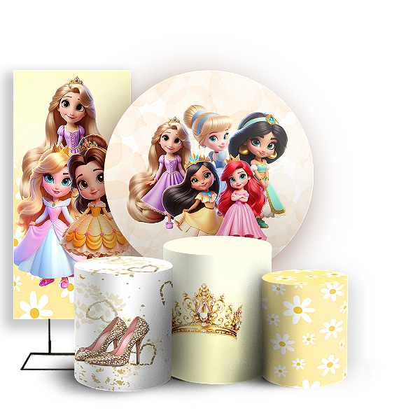 Capas Painel Redondo Trio Cilindro e Faixa Lateral Sublimado - Princesas