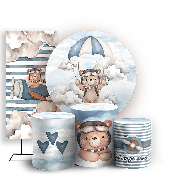 Capas Painel Redondo Trio Cilindro e Faixa Lateral Sublimado - Ursinho Aviador