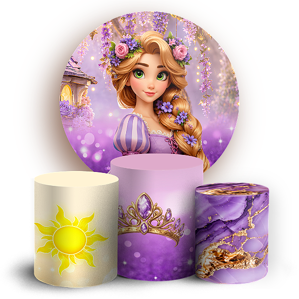 Capas Painel Redondo e Trio Cilindro Sublimado - Rapunzel Enrolados