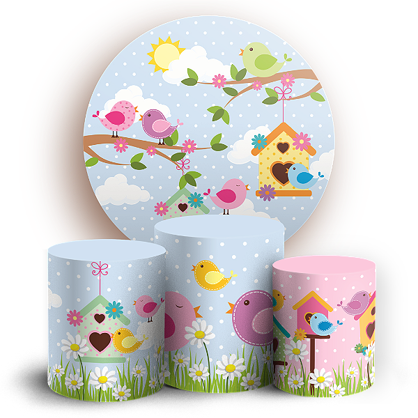 Capas Painel Redondo e Trio Cilindro Sublimado - Passarinhos