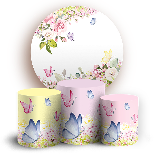 Capas Painel Redondo e Trio Cilindro Sublimado - Jardim com Borboletas