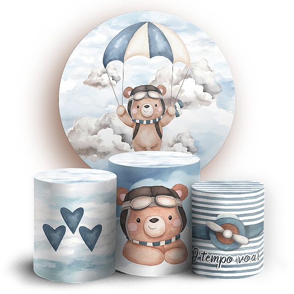 Capas Painel Redondo e Trio Cilindro Sublimado - Ursinho Aviador