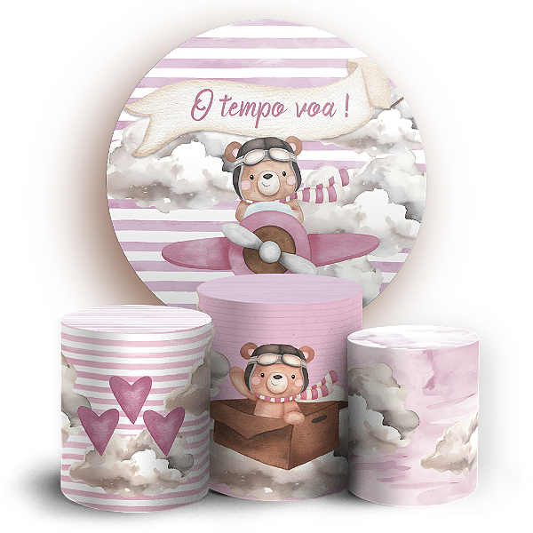 Capas Painel Redondo e Trio Cilindro Sublimado - Ursinha Aviadora