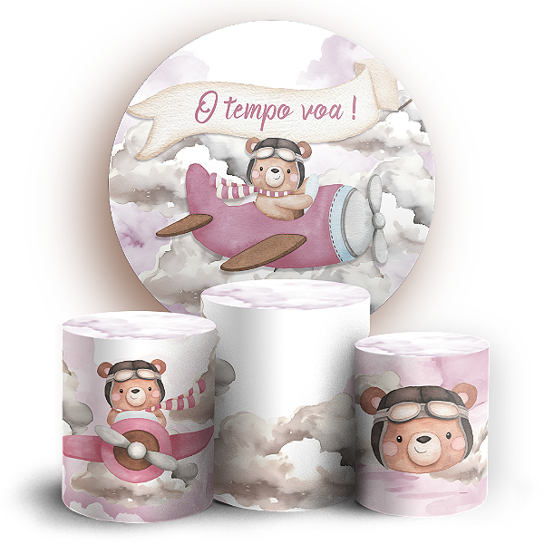 Capas Painel Redondo e Trio Cilindro Sublimado - Ursinha Aviadora