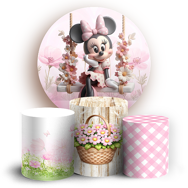 Capas Painel Redondo e Trio Cilindro Sublimado - Fazendinha Mickey e Minnie