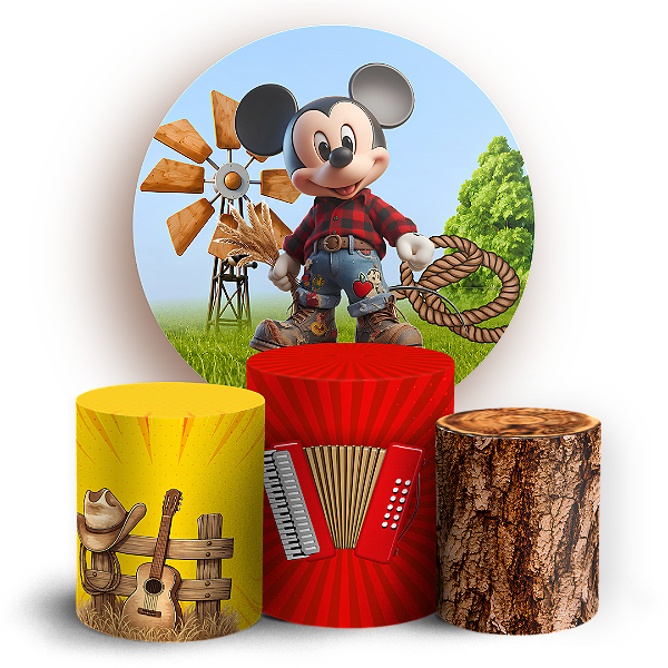 Capas Painel Redondo e Trio Cilindro Sublimado - Fazendinha Mickey e Minnie