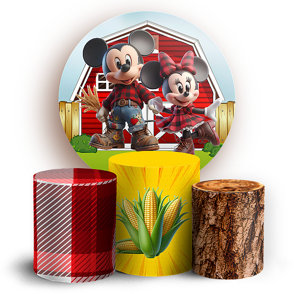 Capas Painel Redondo e Trio Cilindro Sublimado - Fazendinha Mickey e Minnie