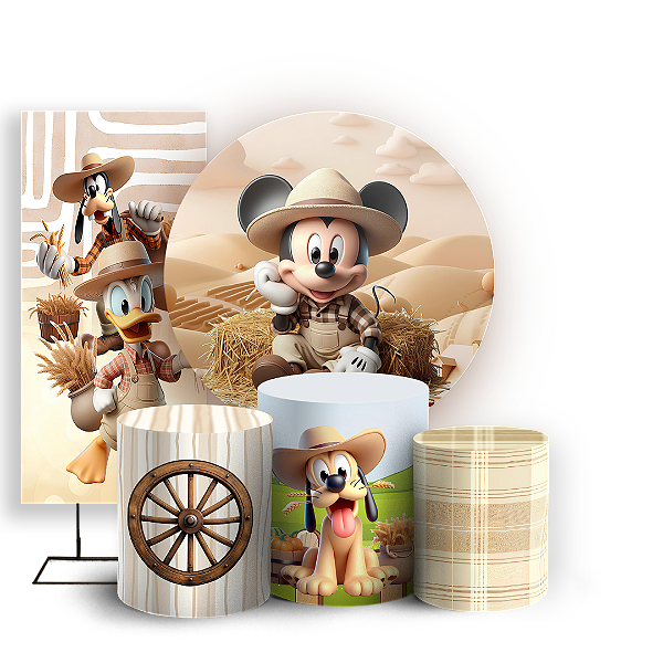 Capas Painel Redondo Trio Cilindro e Faixa Lateral Sublimado - Fazendinha Mickey e Minnie